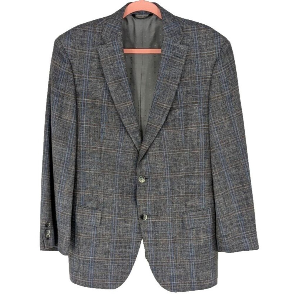 HUGO BOSS Mens Blazer Silk Linen Wool Subtle Gray Blue Plaid Old Money EXCELLENT